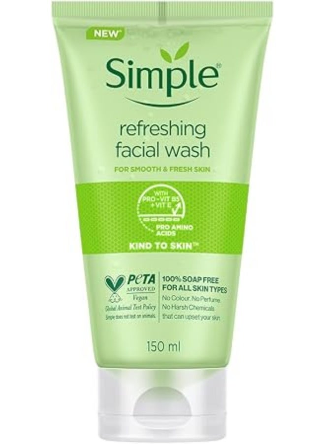 Simple Refreshing Facial Wash, Make-Up Remover With Pro-Vitamin B5, Vegan, No Perfume And Alcohol, Vitamin E Anti-Oxidant, Soap-Free, Hypoallergenic, Sensitive Skin, 150Ml
