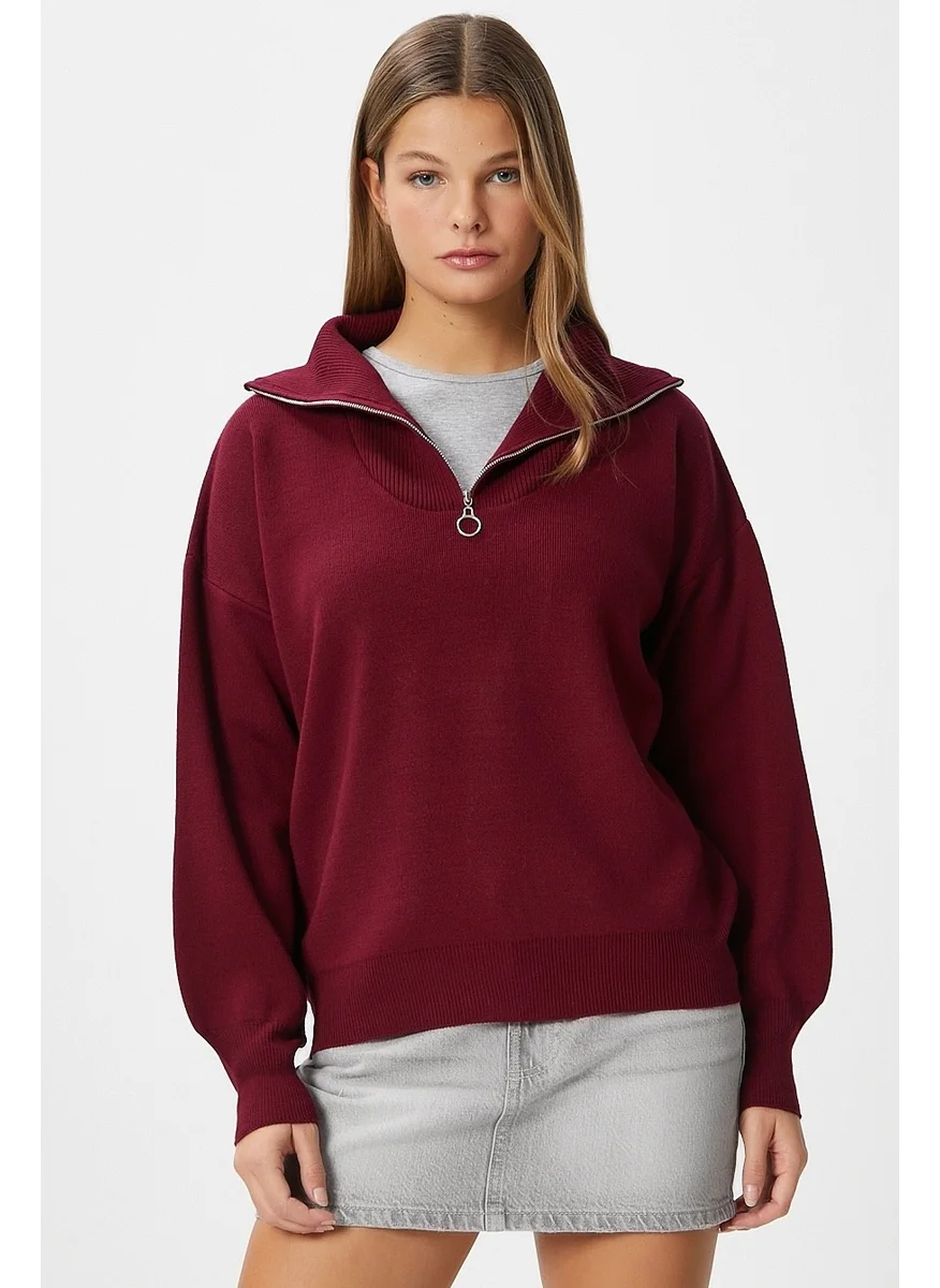 Ritnice Women Bruno Basic Zippered Burgundy Sweater