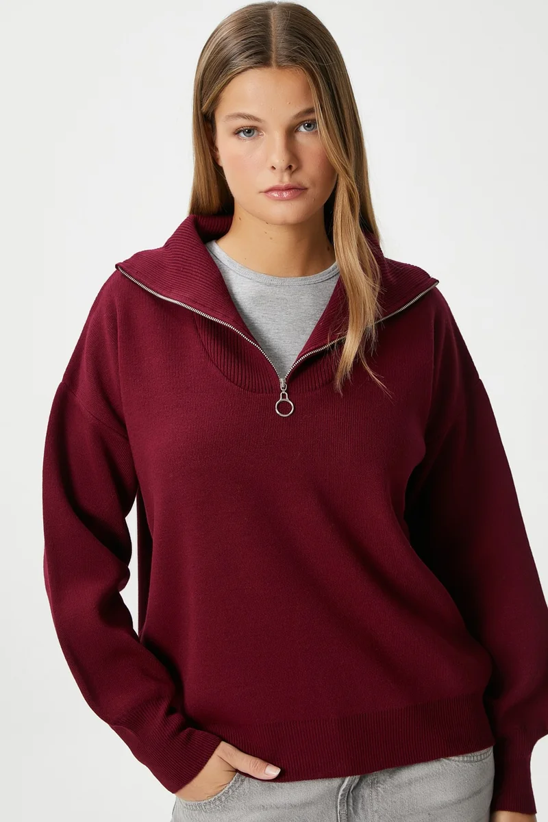 Ritnice Women Bruno Basic Zippered Burgundy Sweater