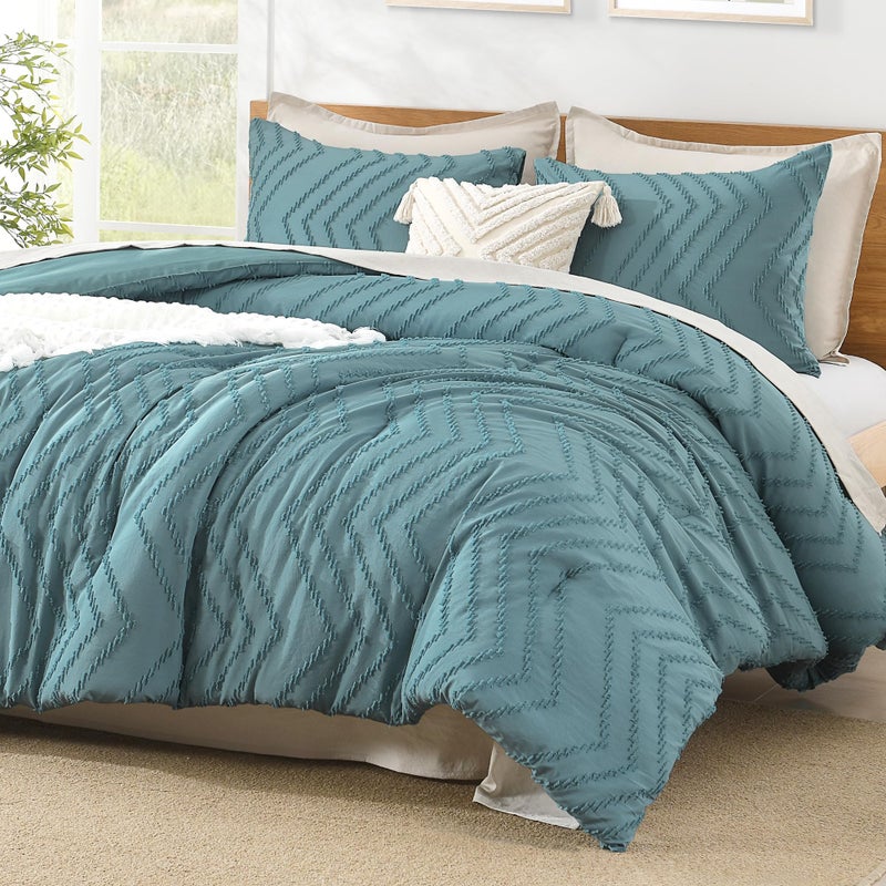 Litanika Litanika Grayish Teal California King Size Comforter Set  3 Pieces Chevron Tufted Bedding Set & Collections  All Season Bed Set (104x96In Comforter and 2 Pillow Shams)  - Image 1