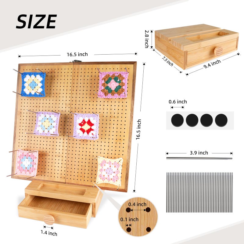 E-ROOM TREND Extra Large 16.5â€ Foldable Crochet Blocking Board with Drawer & 40 Pins/Pegs, Acacia & Bamboo Blocking Boards for Crochet Projects, Granny Square Crocheting Accessories Gifts for Crocheters Beginners - Image 2