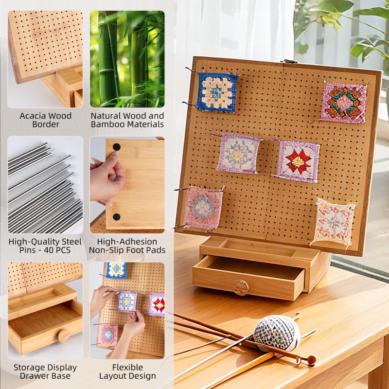 E-ROOM TREND Extra Large 16.5â€ Foldable Crochet Blocking Board with Drawer & 40 Pins/Pegs, Acacia & Bamboo Blocking Boards for Crochet Projects, Granny Square Crocheting Accessories Gifts for Crocheters Beginners - Image 3