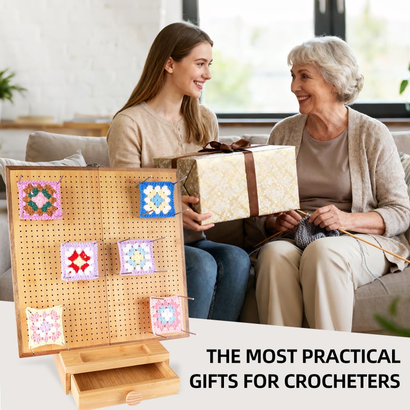 E-ROOM TREND Extra Large 16.5â€ Foldable Crochet Blocking Board with Drawer & 40 Pins/Pegs, Acacia & Bamboo Blocking Boards for Crochet Projects, Granny Square Crocheting Accessories Gifts for Crocheters Beginners - Image 4