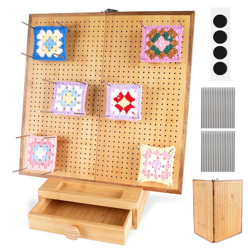 E-ROOM TREND Extra Large 16.5â€ Foldable Crochet Blocking Board with Drawer & 40 Pins/Pegs, Acacia & Bamboo Blocking Boards for Crochet Projects, Granny Square Crocheting Accessories Gifts for Crocheters Beginners - Image 1