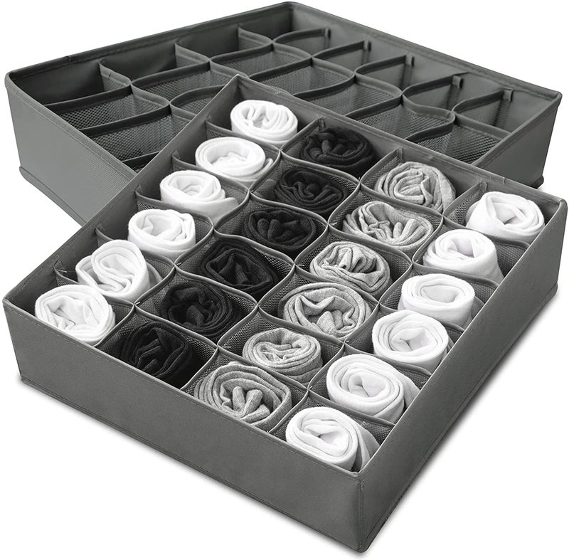 AB SALES Socks Drawer Organizer Machine Washable Underwear Drawer Divider 24 Cell Collapsible Socks Storage Boxes Closet Cabinet Organizer for Lingerie Underwear Ties Belts Grey Color 2Pack - Image 1
