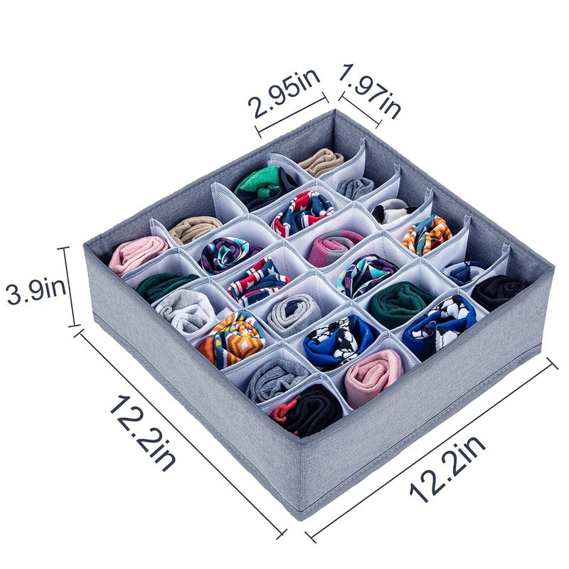 AB SALES Socks Drawer Organizer Machine Washable Underwear Drawer Divider 24 Cell Collapsible Socks Storage Boxes Closet Cabinet Organizer for Lingerie Underwear Ties Belts Grey Color 2Pack - Image 2