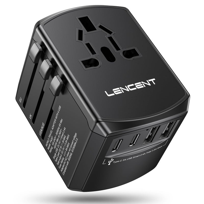 محول طاقة سفر عالمي محول AC دولي مع 2 منفذ USB C و 2 منفذ USB A شاحن جداري أساسيات السفر حول العالم من الولايات المتحدة إلى الاتحاد الأوروبي المملكة المتحدة أيرلندا أستراليا نوع CGAI أسود