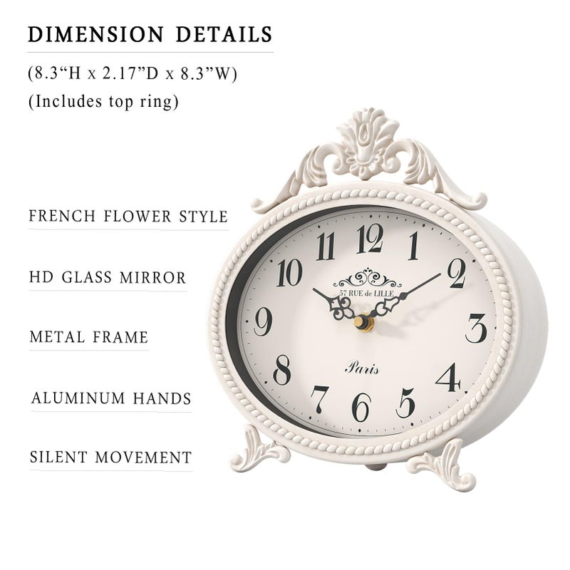 Abdurey Vintage Table Clock on Stand,Desk and Shelf Decorative Clock,French Rustic Style Mantel Clocks,Metal Frame Antique White Finish,Farmhouse,Bedroom, Bedside,Living Room,Gift Clocks - Image 2