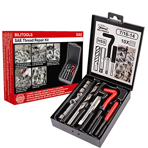 BILITOOLS مجموعة إصلاح الخيوط BILITOOLS 7/16-14 بوصة، مجموعة إصلاح هليكويل حفر HSS SAE - Image 1