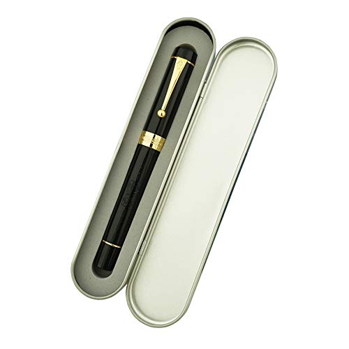 Lanxivi Classic Fountain Pen Vivid Black Celluloid with Jinhao Stamp, Medium Nib with Conveter and Pen Case Set - Image 2