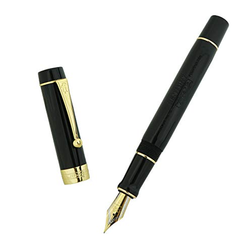 Lanxivi Classic Fountain Pen Vivid Black Celluloid with Jinhao Stamp, Medium Nib with Conveter and Pen Case Set - Image 1