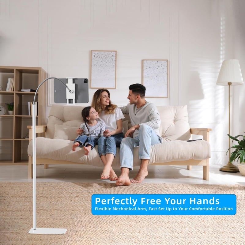 cretopwin Tablet Floor Stand Holder with Flexible Gooseneck and Stable Base, Compatible with Tablet and Cell Phones (3.5''-9.7''), White - Image 3