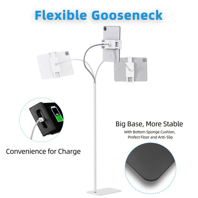 cretopwin Tablet Floor Stand Holder with Flexible Gooseneck and Stable Base, Compatible with Tablet and Cell Phones (3.5''-9.7''), White - Image 4