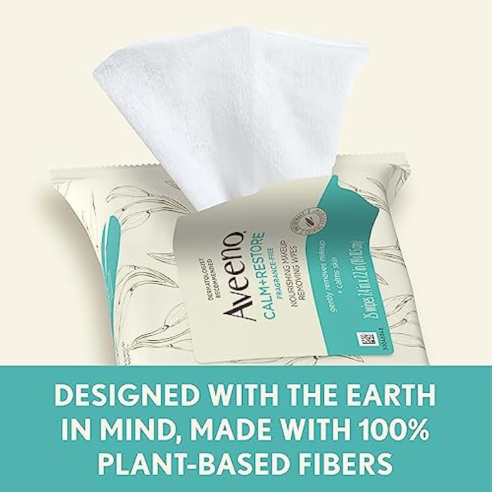 Aveeno Calm + Restore Unscented Makeup Remover Face Wipes, Fragrance Free Facial Cleansing Towelettes with Oat Extract & Calming Feverfew Leave Skin Feeling Soothed, Alcohol Free, 25 ct - Image 3