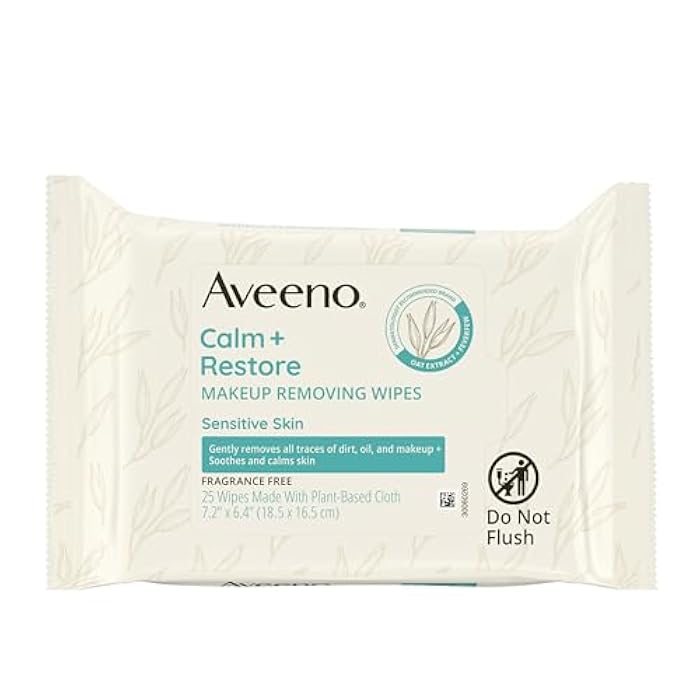 Aveeno Calm + Restore Unscented Makeup Remover Face Wipes, Fragrance Free Facial Cleansing Towelettes with Oat Extract & Calming Feverfew Leave Skin Feeling Soothed, Alcohol Free, 25 ct - Image 5