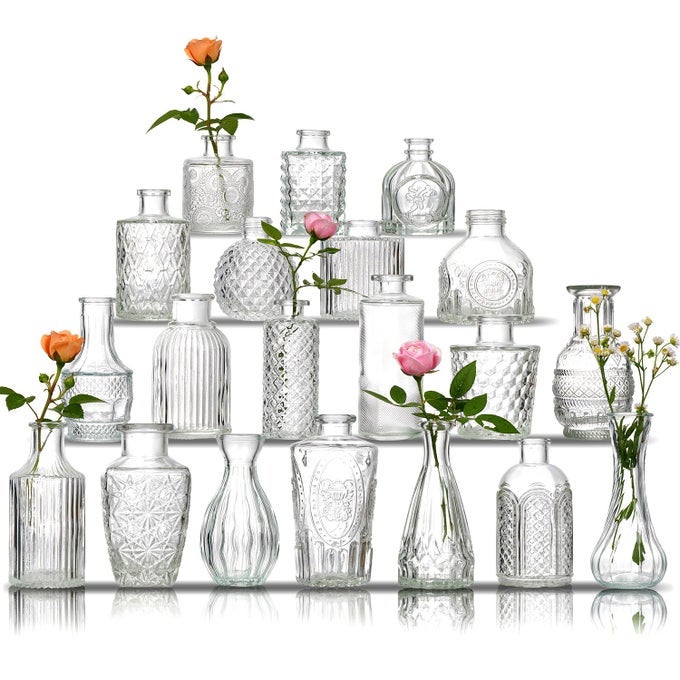 GLASS BUD VASE SET OF 20 SMALL VASES FOR FLOWERS IN BULK ASSORTED VINTAGE CRYSTAL VASES FOR FLOWERS TABLE CENTERPIECES CLEAR 20 PCS