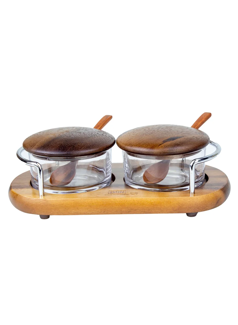 BILLI Glass Spice Jars Condiment Pot Storage Jars with Wooden Lid, Spoon, Wooden Base and Chrome Handle - Glass Canisters Seasoning Box for Condiment, Salt, Sugar, Herb