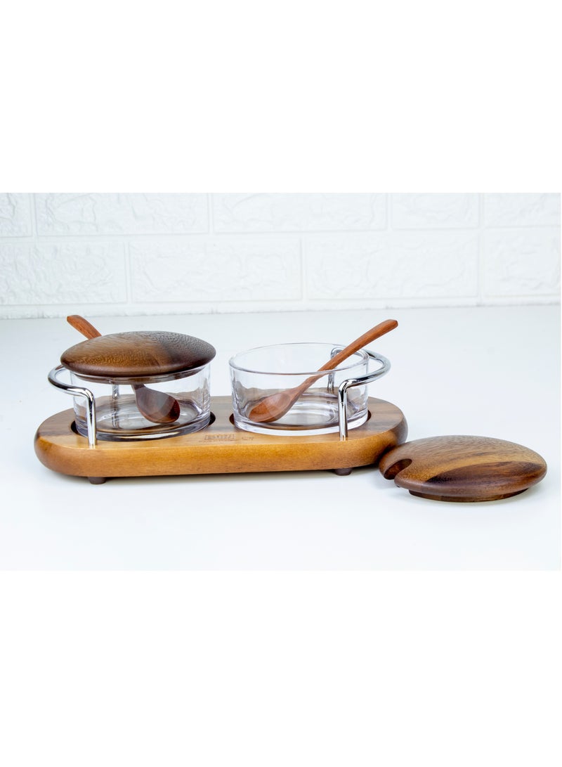 BILLI Glass Spice Jars Condiment Pot Storage Jars with Wooden Lid, Spoon, Wooden Base and Chrome Handle - Glass Canisters Seasoning Box for Condiment, Salt, Sugar, Herb - Image 3