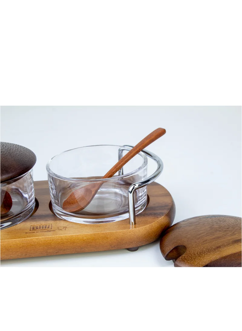 BILLI Glass Spice Jars Condiment Pot Storage Jars with Wooden Lid, Spoon, Wooden Base and Chrome Handle - Glass Canisters Seasoning Box for Condiment, Salt, Sugar, Herb