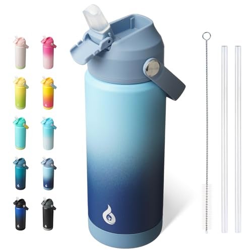 BJPKPK Insulated Water Bottle with Straw Lid 18oz Thermo Water Bottles with Soft Nozzle Flex Handle Nonslip Boot BPA Free Leak Proof Stainless Steel Metal Thermo Tumblers CupsSky - Image 1