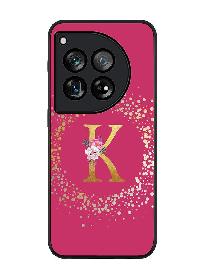 Stylizedd Rugged Black Edge Case for OnePlus 12, Slim fit Case Thin Cover- Custom Monogram Initial Letter Floral Pattern Alphabet - K (Deep Pink Rose) - Image 1