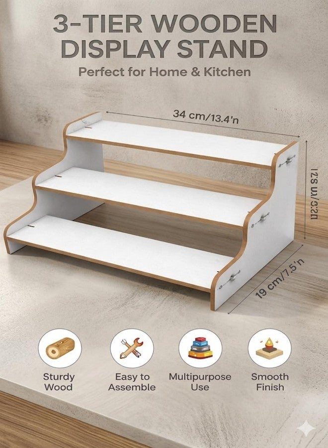 EXPRO 3-Tier Wooden Spice Rack Organizer for Kitchen Countertop | Multipurpose Step Shelf Storage Stand for Masala Jars, Condiments & Seasonings | Decorative Kitchen Shelf & Pantry Display (White) - Image 4