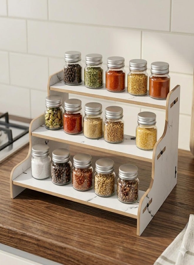 EXPRO 3-Tier Wooden Spice Rack Organizer for Kitchen Countertop | Multipurpose Step Shelf Storage Stand for Masala Jars, Condiments & Seasonings | Decorative Kitchen Shelf & Pantry Display (White) - Image 1