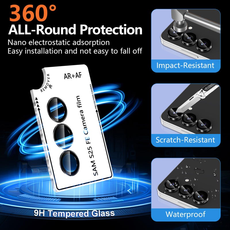 Avocase for Samsung Galaxy S25 FE Camera Lens Protector, Individual Metal Ring Tempered Glass Lens Cover, [Strong Adsorption] Scratch Resistant Ultra-Thin HD Clear Lens Cover, 1 Set-Black Ring - Image 2