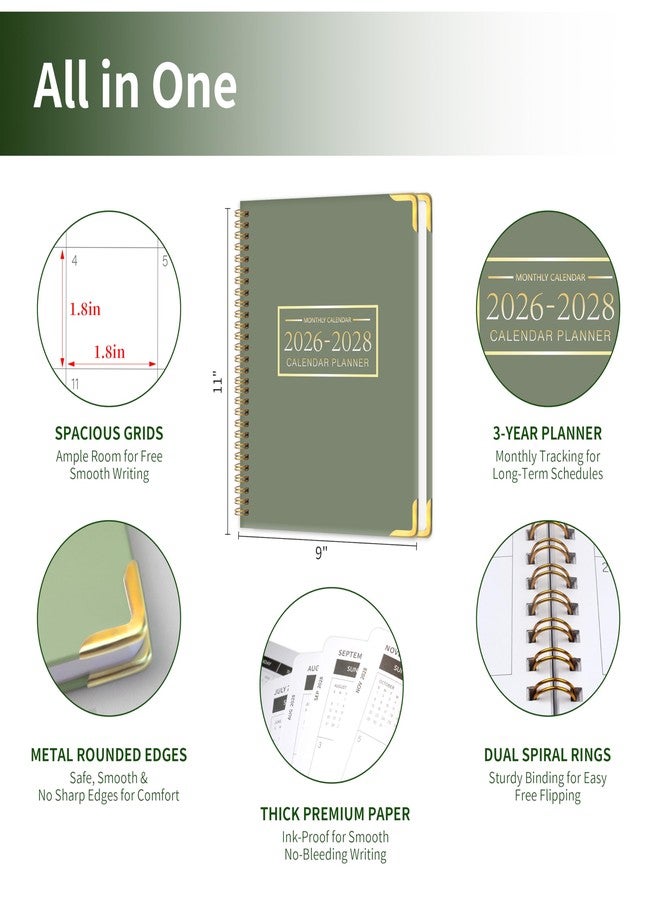 KAICN Monthly Planner 2026-2028, Hardcover 3 year calendar 2026-2027-2028 Calendar Book from Jan 2026 - Dec 2028, 9“ x 11”, Spiral Bound,Organizer for Office, School, and Home,Green - Image 2