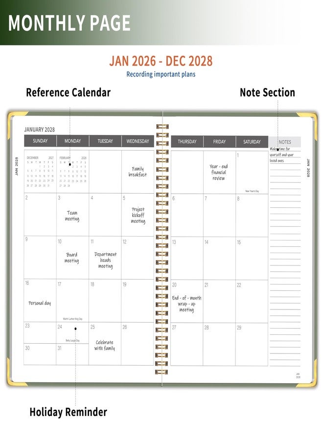 KAICN Monthly Planner 2026-2028, Hardcover 3 year calendar 2026-2027-2028 Calendar Book from Jan 2026 - Dec 2028, 9“ x 11”, Spiral Bound,Organizer for Office, School, and Home,Green - Image 3