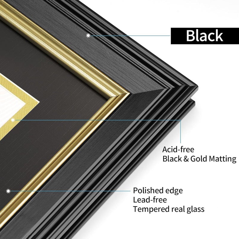 FrameMind 8.5x11 Diploma Frame with Black over Gold Acid-free Mat or Display 11x14 Document without Mat, Certificate Frame with Tempered Glass, Tabletop or Wall Mount (2 Pack, Black/Black) - Image 3