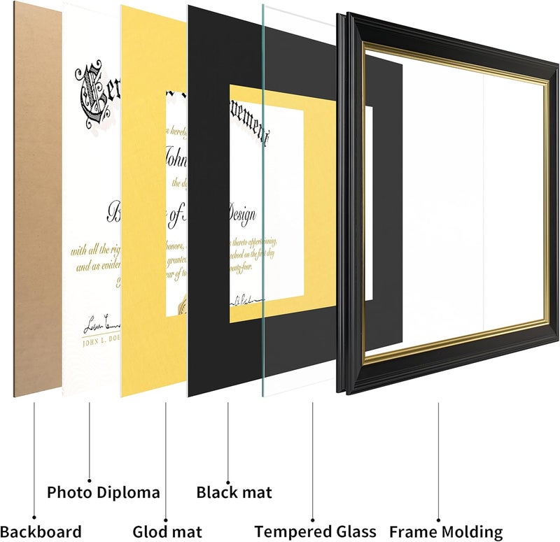 FrameMind 8.5x11 Diploma Frame with Black over Gold Acid-free Mat or Display 11x14 Document without Mat, Certificate Frame with Tempered Glass, Tabletop or Wall Mount (2 Pack, Black/Black) - Image 4