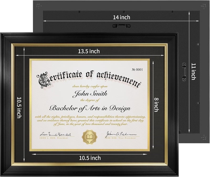 FrameMind 8.5x11 Diploma Frame with Black over Gold Acid-free Mat or Display 11x14 Document without Mat, Certificate Frame with Tempered Glass, Tabletop or Wall Mount (2 Pack, Black/Black) - Image 5