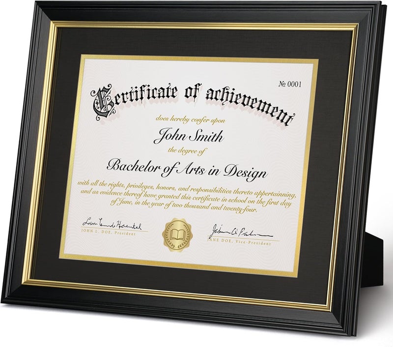 FrameMind 8.5x11 Diploma Frame with Black over Gold Acid-free Mat or Display 11x14 Document without Mat, Certificate Frame with Tempered Glass, Tabletop or Wall Mount (2 Pack, Black/Black) - Image 2