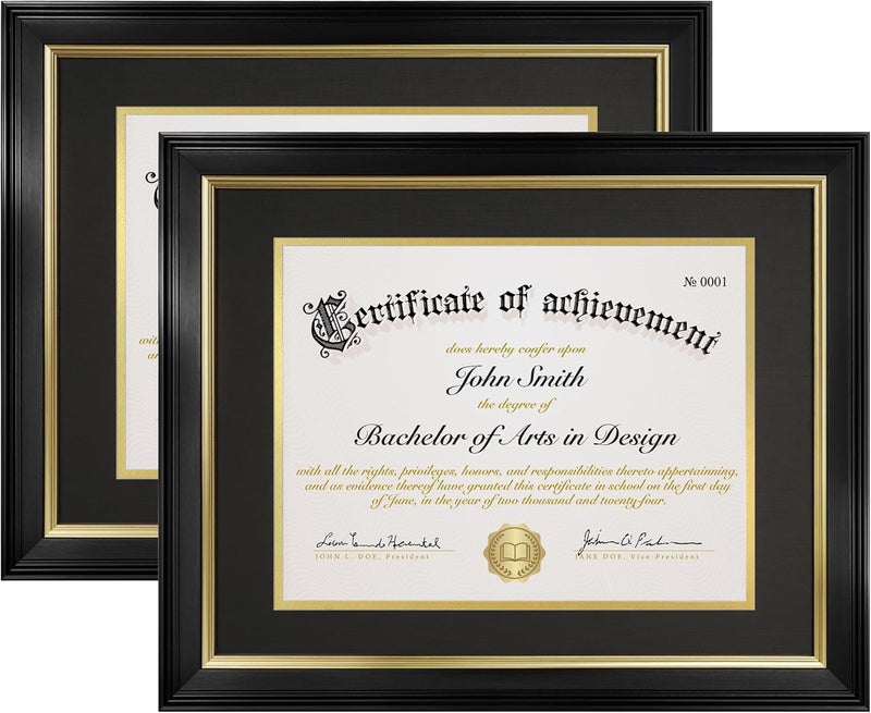 FrameMind 8.5x11 Diploma Frame with Black over Gold Acid-free Mat or Display 11x14 Document without Mat, Certificate Frame with Tempered Glass, Tabletop or Wall Mount (2 Pack, Black/Black) - Image 1