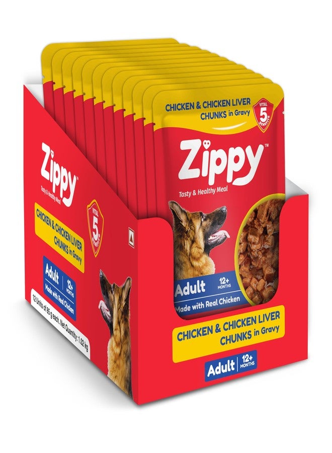 ZIPPY+12 Month Adult Dog Food Chicken & Liver Chunks in Gravy of Real Chicken | Meal Helps Strengthen Your Dog’s Immune System| Minerals Contribute Maintaining Strong Bones & Teeth (Pack of 12) - Image 1