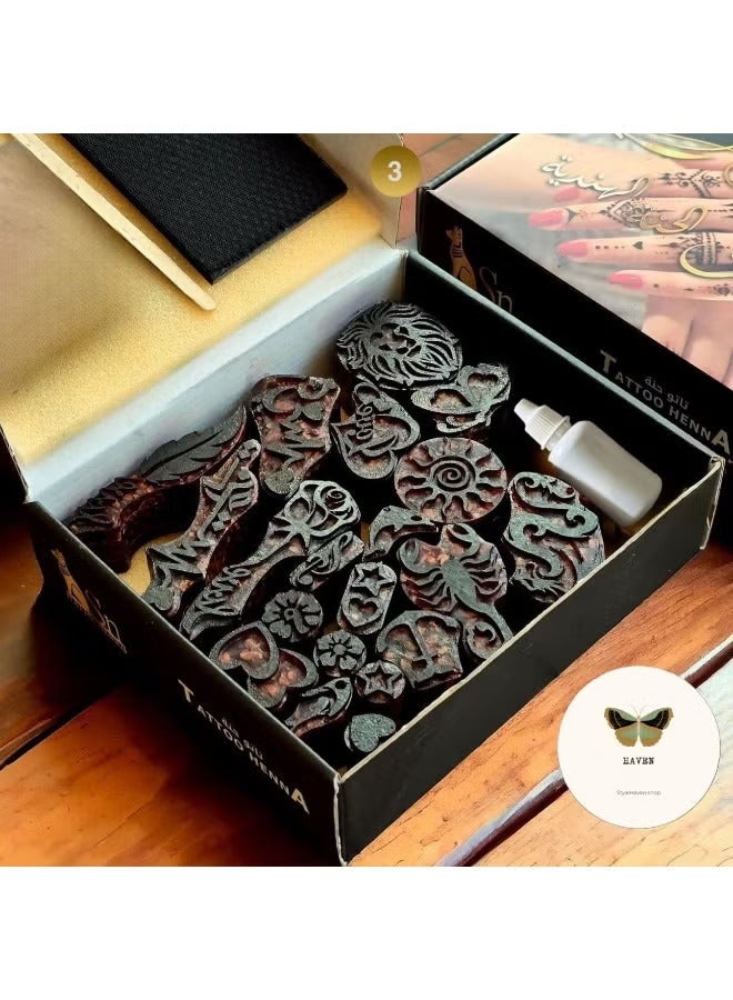 ستايل هاڤن بوكس طابعات الحناء الهندية  ( شكل 3 ) - 20 تصميم + إسفنجة + عود خشبي + عبوة حناء سوداء | نقش سهل وثابت في المنزل - Image 1