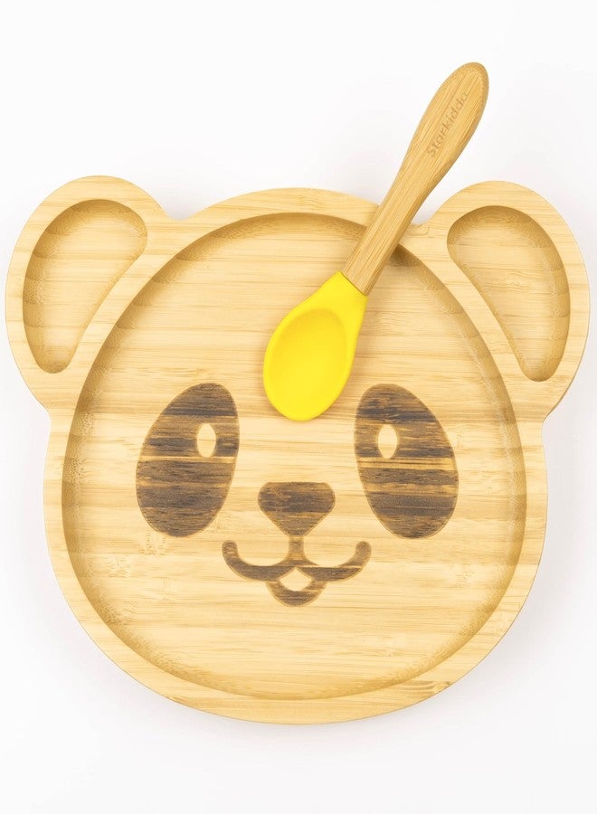 StarKiddo® Adorable Panda Bamboo Plates for Baby and Toddler | 3 Sections | Weaning Spoon | Non-Toxic | Strong Suction | Cool to The Touch | Ideal for Baby-Led Weaning (Yellow) - Image 1