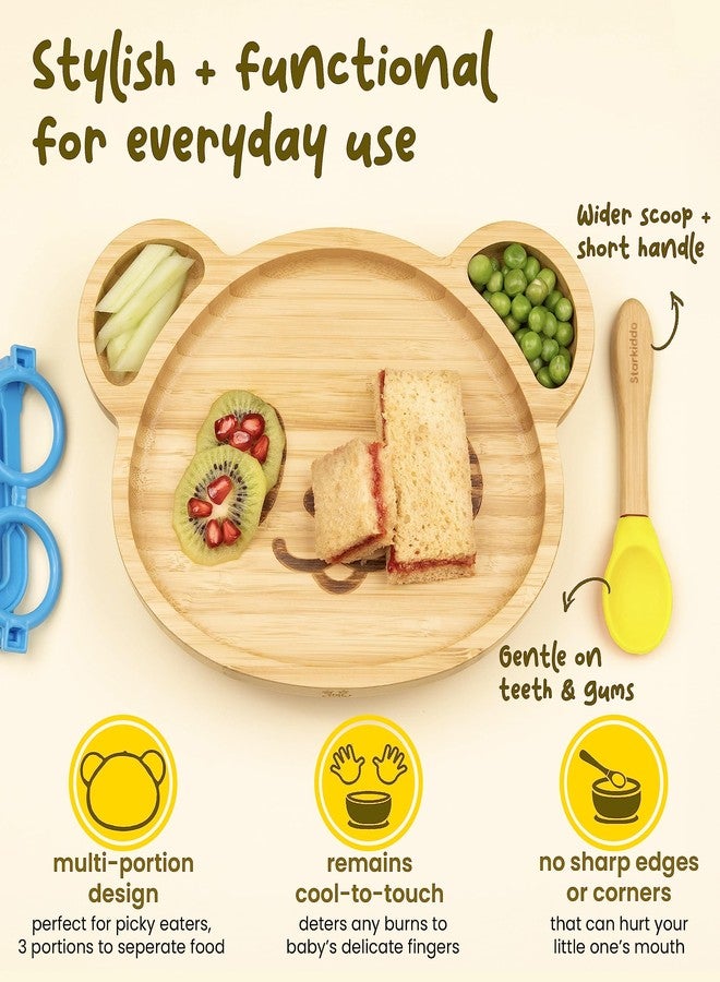 StarKiddo® Adorable Panda Bamboo Plates for Baby and Toddler | 3 Sections | Weaning Spoon | Non-Toxic | Strong Suction | Cool to The Touch | Ideal for Baby-Led Weaning (Yellow) - Image 4