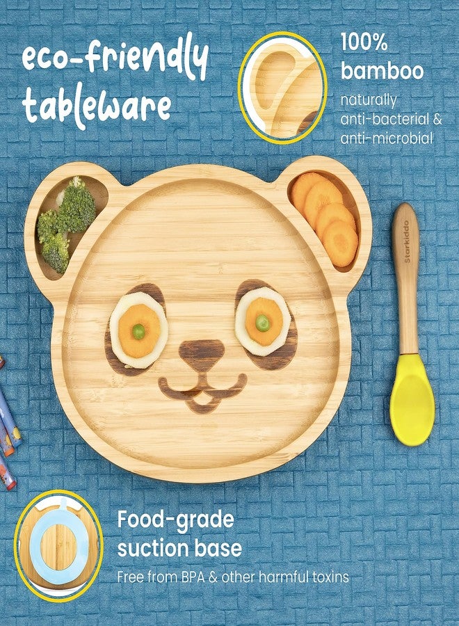 StarKiddo® Adorable Panda Bamboo Plates for Baby and Toddler | 3 Sections | Weaning Spoon | Non-Toxic | Strong Suction | Cool to The Touch | Ideal for Baby-Led Weaning (Yellow) - Image 3