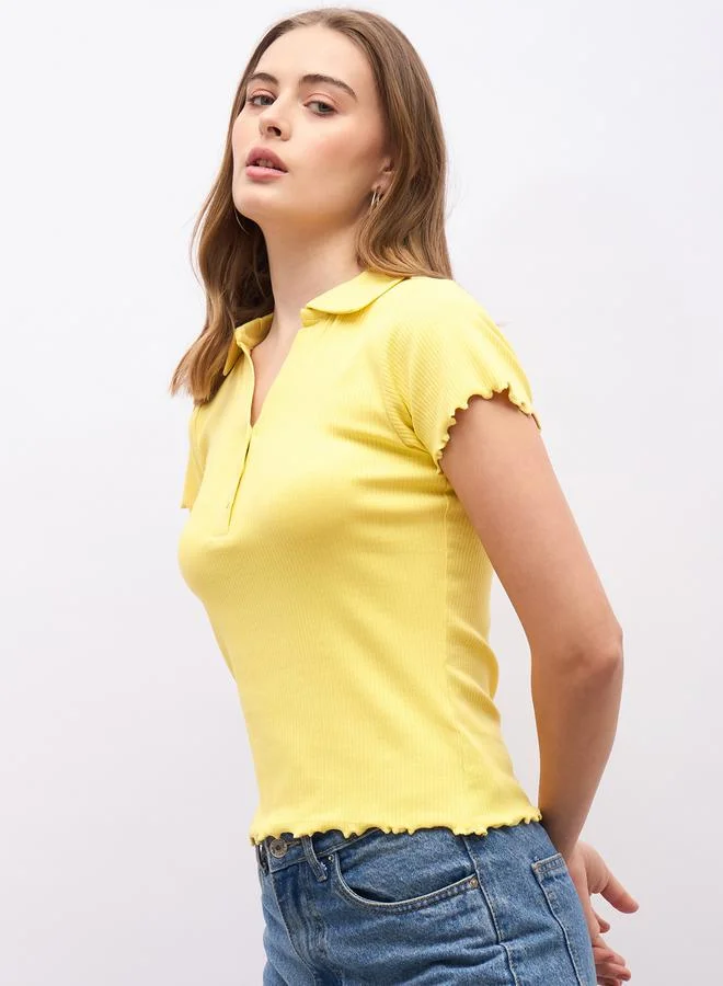 ستايلي Ribbed Plain Collared Half Placket Lettuce Edge Detail Regular Fit Polo T-shirt