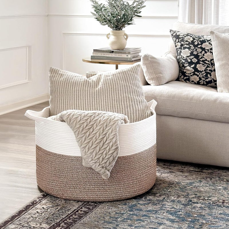 LEAZZOTE Extra Large Storage Woven Laundry Basket Jute Laundry Basket, Wicker Blankets Pillows Storage in Living Room Baby Nursery (S-3 [14X22 INCH]) - Image 2