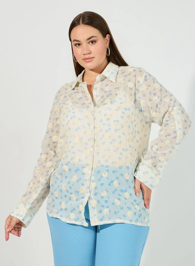 Styli Plus Size Embroidered Shirt with Roll-Up Sleeves