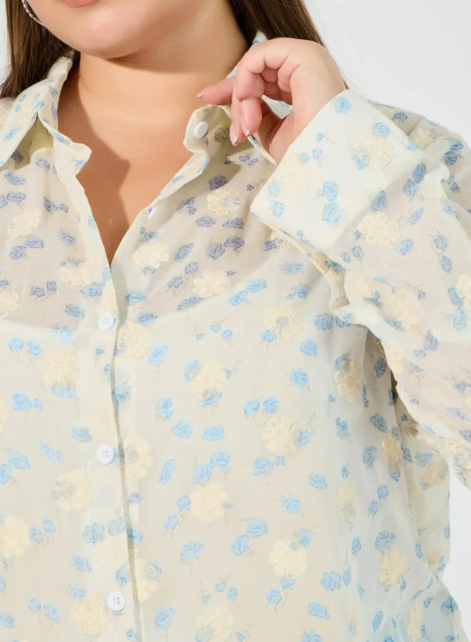 Styli Plus Size Embroidered Shirt with Roll-Up Sleeves