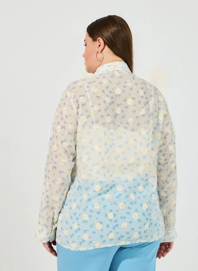 Styli Plus Size Embroidered Shirt with Roll-Up Sleeves
