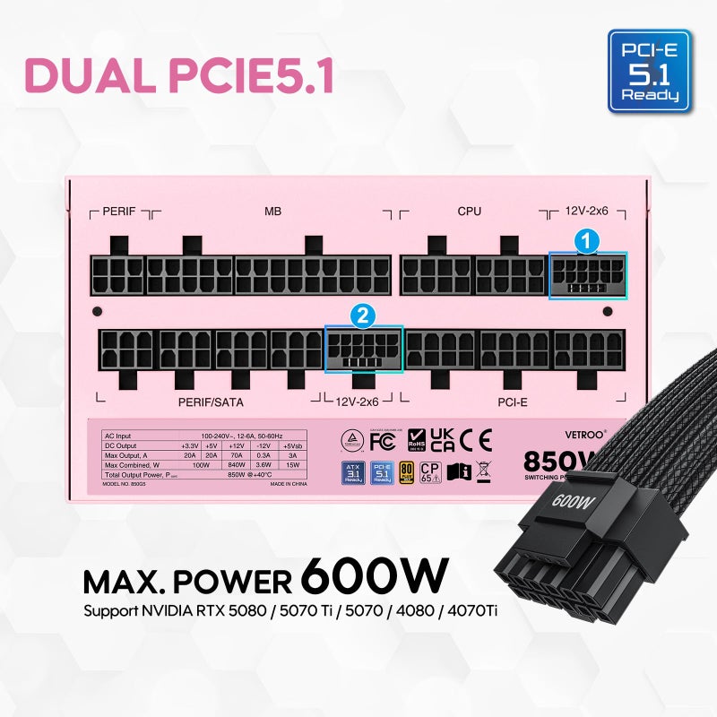 Vetroo 850W Power Supply Dual PCIe 5.1 ATX 3.1 Ready, 80 Plus Gold Full Modular, Quiet Operation with 120mm FDB Fan, 10-Year Warranty -Pink - Image 2