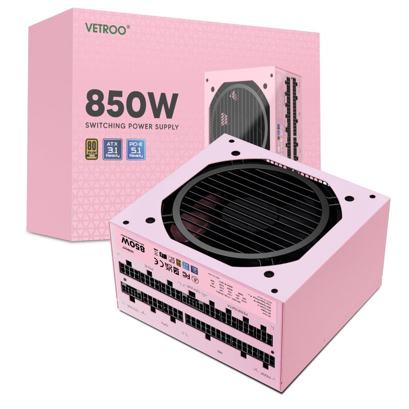 Vetroo 850W Power Supply Dual PCIe 5.1 ATX 3.1 Ready, 80 Plus Gold Full Modular, Quiet Operation with 120mm FDB Fan, 10-Year Warranty -Pink - Image 1