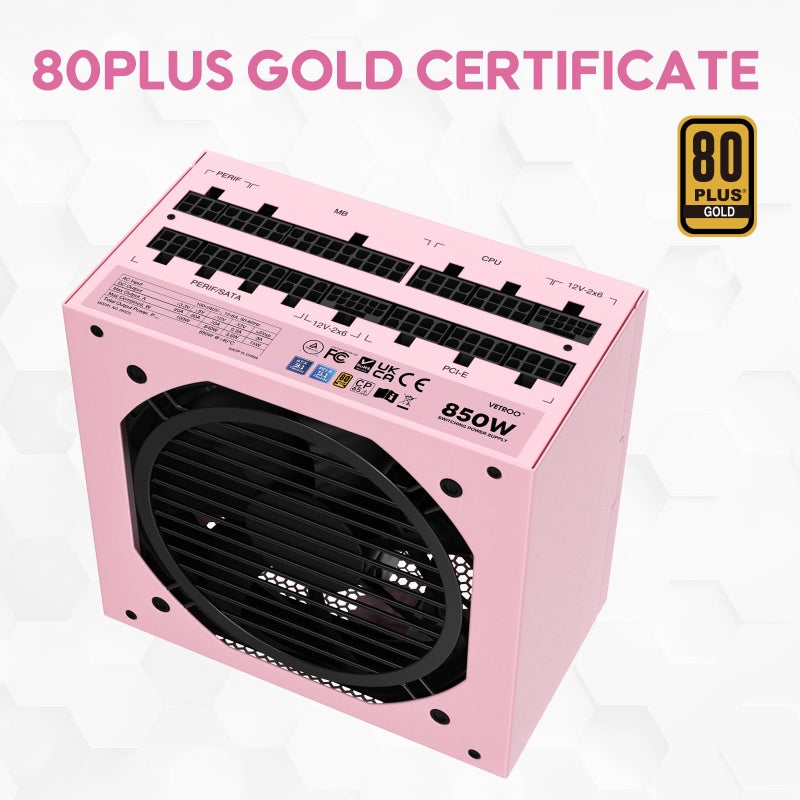 Vetroo 850W Power Supply Dual PCIe 5.1 ATX 3.1 Ready, 80 Plus Gold Full Modular, Quiet Operation with 120mm FDB Fan, 10-Year Warranty -Pink - Image 5