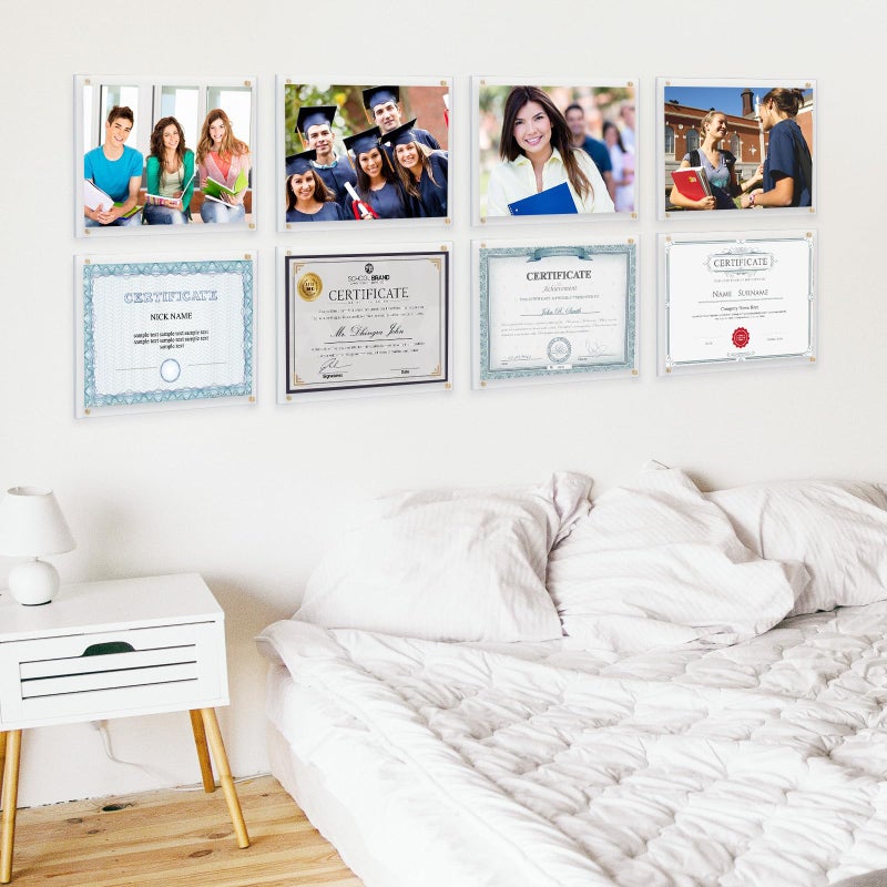 Kalami 11x14 Acrylic Wall Mount Picture Frame Self Adhesive, No Drill Holes Floating Frameless Clear Photo Frame for Diploma Certificate Degree Document Display Gallery Wall-Full Frame is 12x15 - Image 5