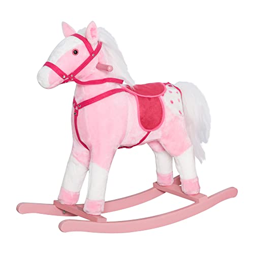 Qaba Kids Rocking Horse Plush Ride On Toy Toddler Rocker for Boys Girls Gifts with Realistic Sounds Pink - Image 1